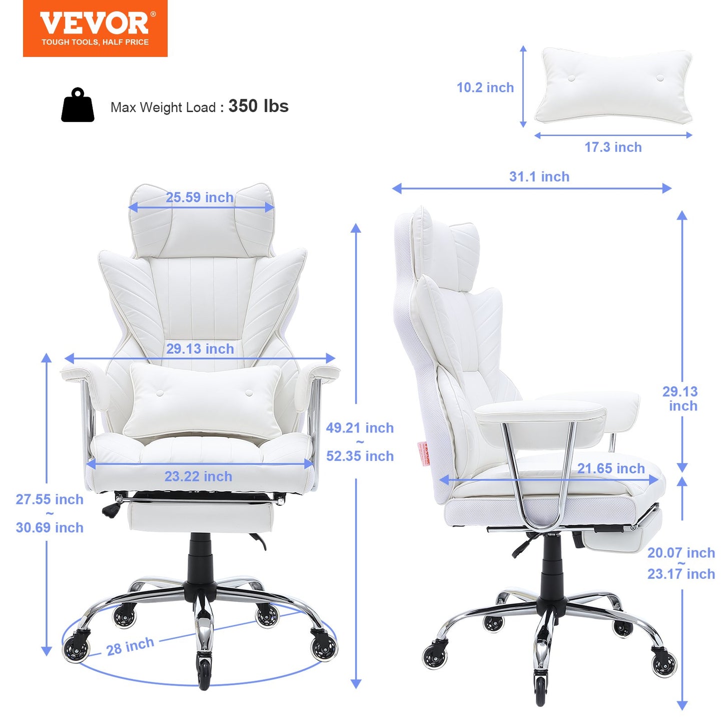 VEVOR Reclining Office Chair with Footrest, Heavy Duty PU Leather Wide Office Chair,
