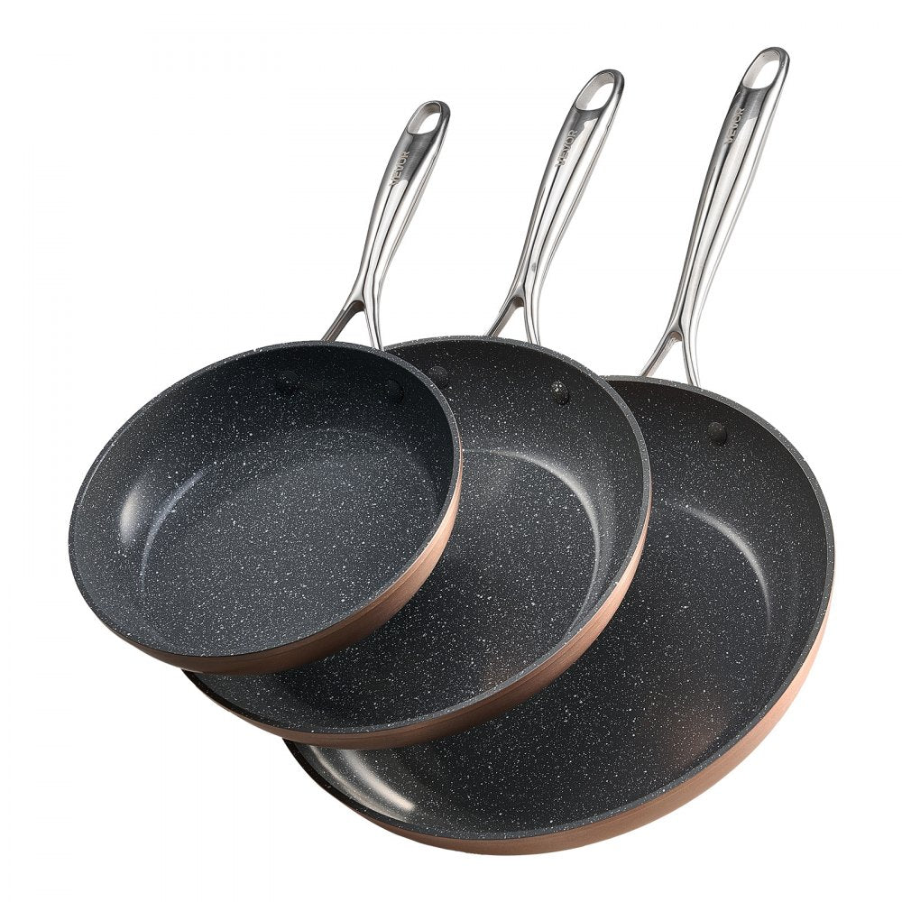 3 Pcs Frying Pan Aluminum Skillet Set 200 270 300 mm Handle Seasoned Grey