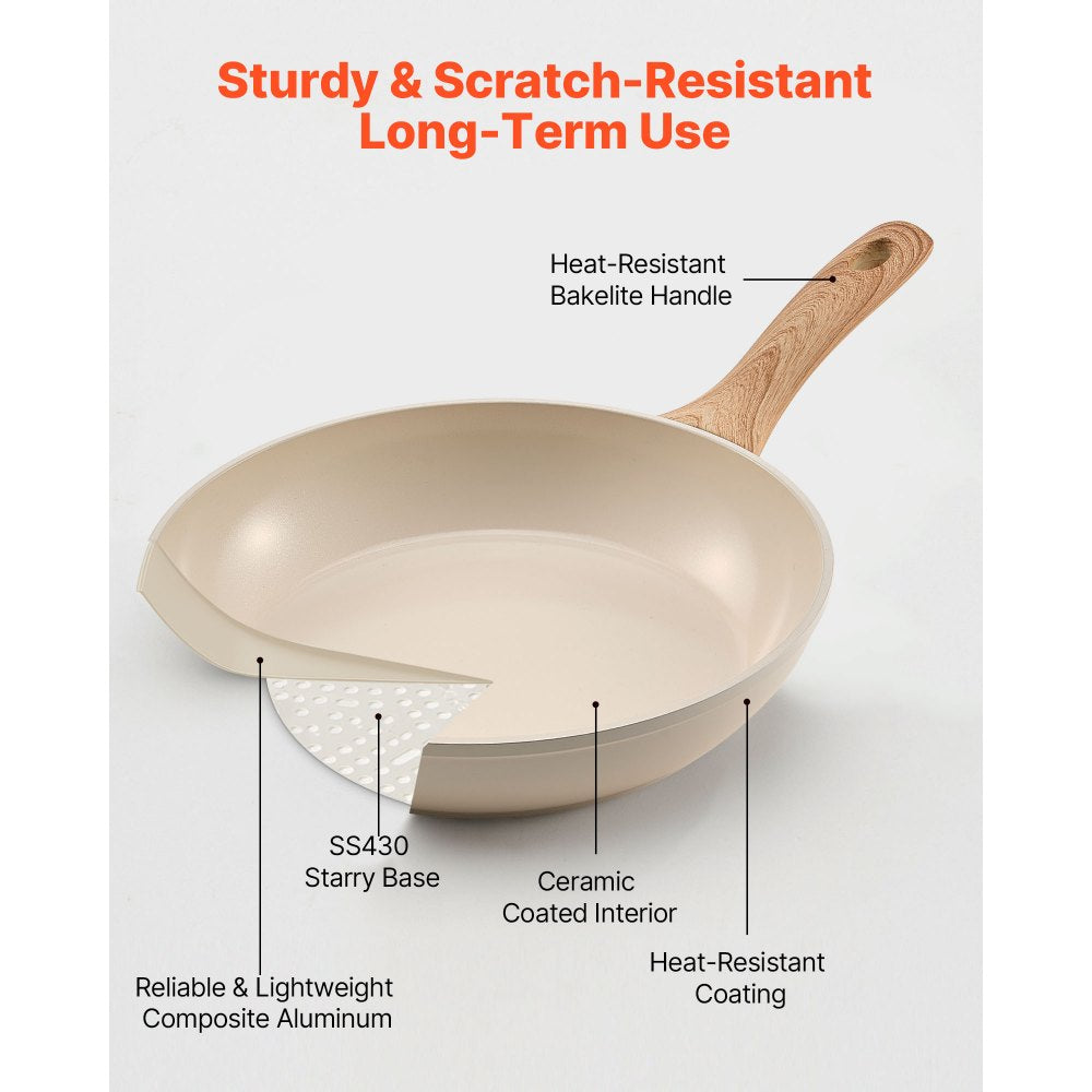 3 Pcs Frying Pan Aluminum Skillet Set 200 240 280 mm Handle Seasoned Beige