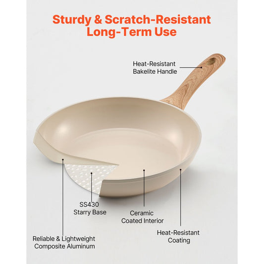 3 Pcs Frying Pan Aluminum Skillet Set 200 240 280 mm Handle Seasoned Beige