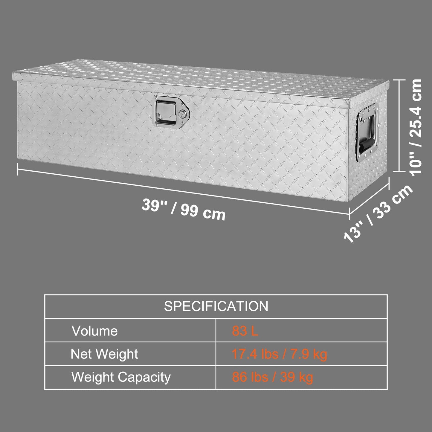 Heavy Duty Aluminum Truck Bed Storage Box with Lock and Side Handle, Silver