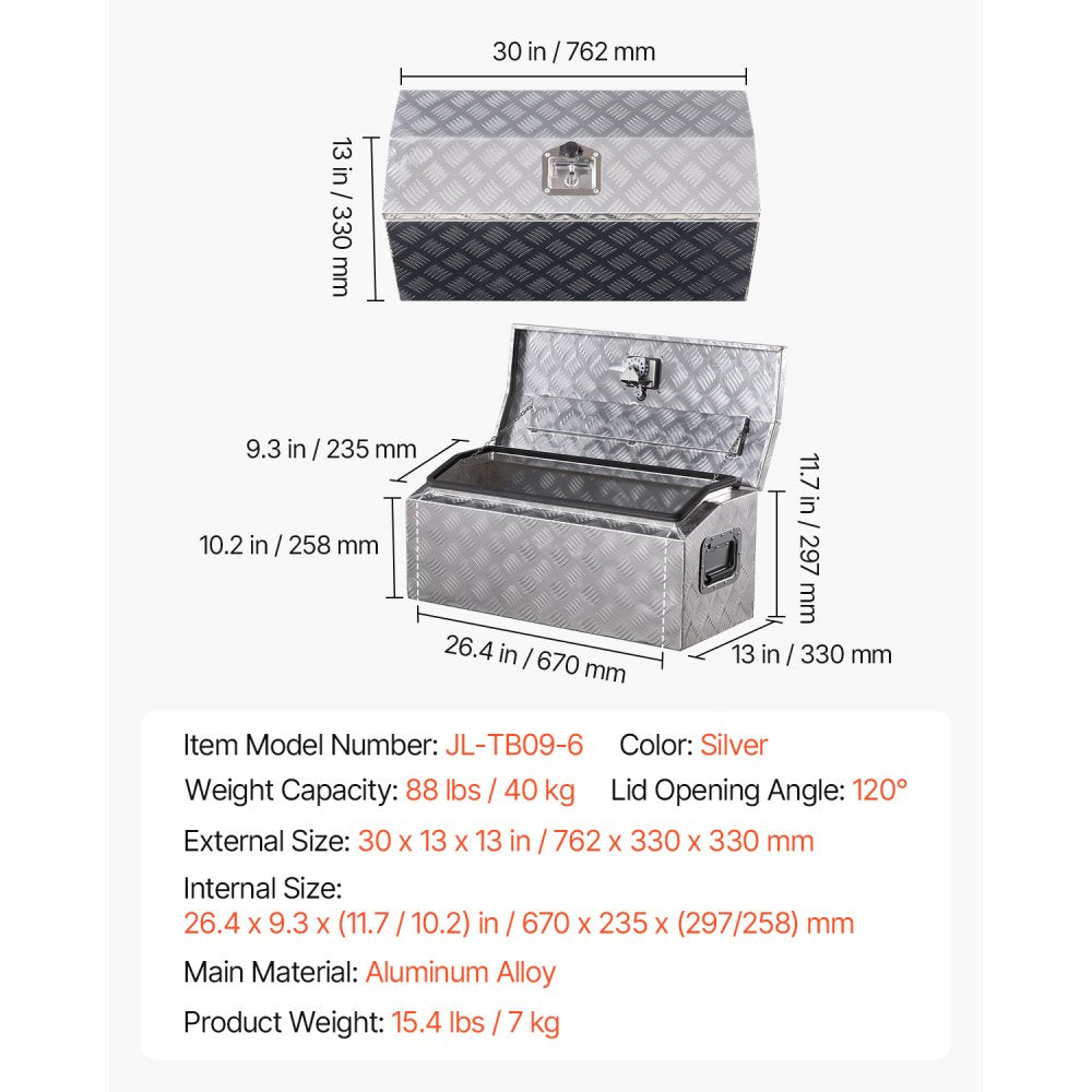 VEVOR 762x330.2x330.2mm Heavy Duty Aluminum Truck Bed Tool Box for Pickup Silver