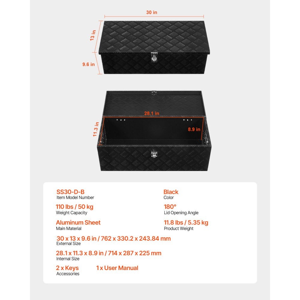 762x330.2x243.84mm Heavy Duty Aluminum Truck Bed Tool Box for Pickup Black