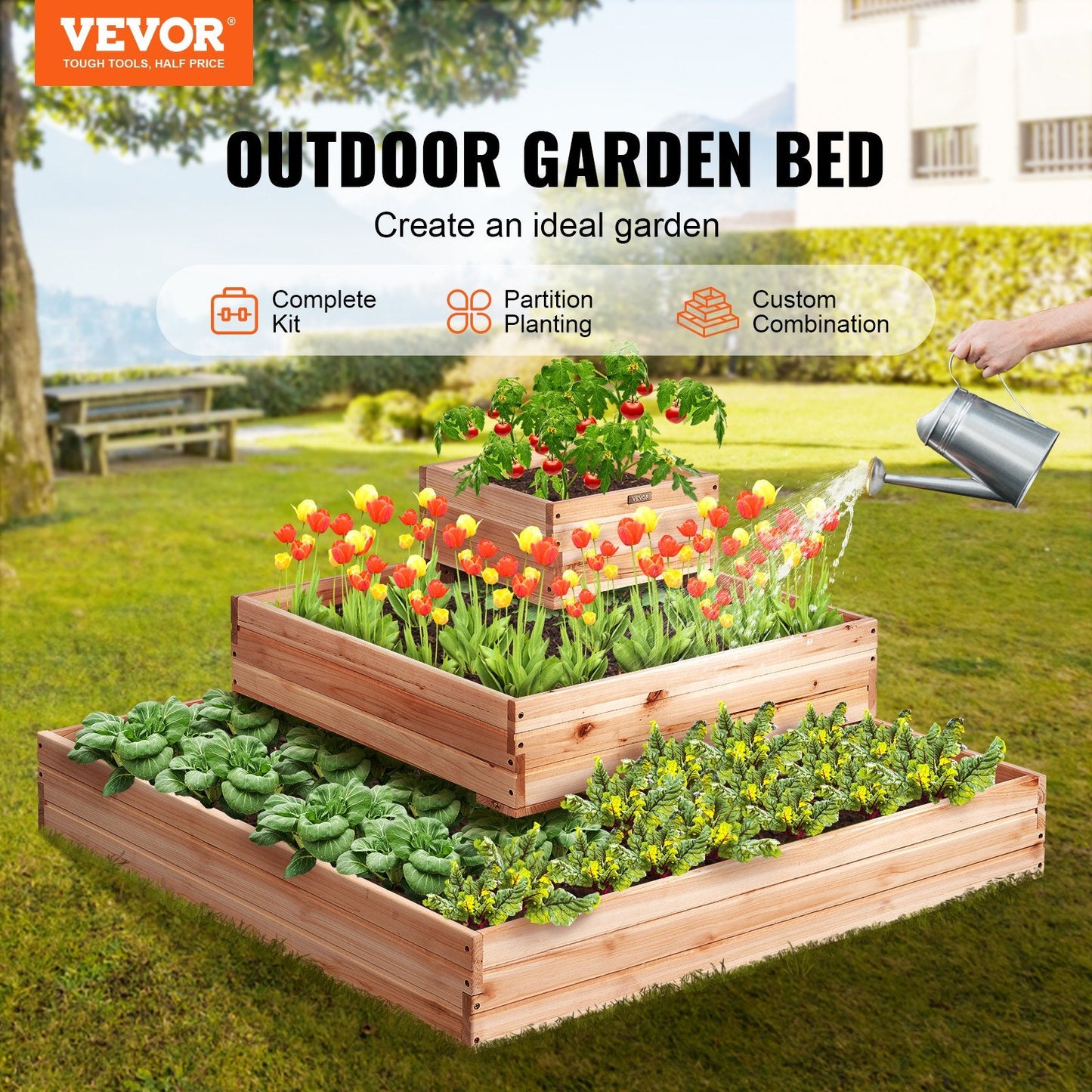 Wooden Raised Planter Box for Flowers, Vegetables & Herbs, 113x113x51 cm