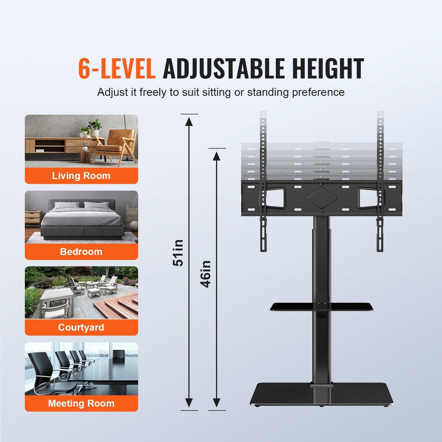 Swivel Tall TV Stand for 0.8-1.6m Screens, Adjustable Height & Glass Base
