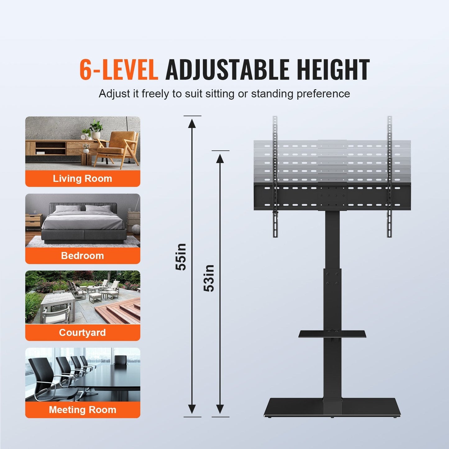 Swivel TV Stand for 0.8 to 2.2m TVs, Height Adjustable with Glass Base