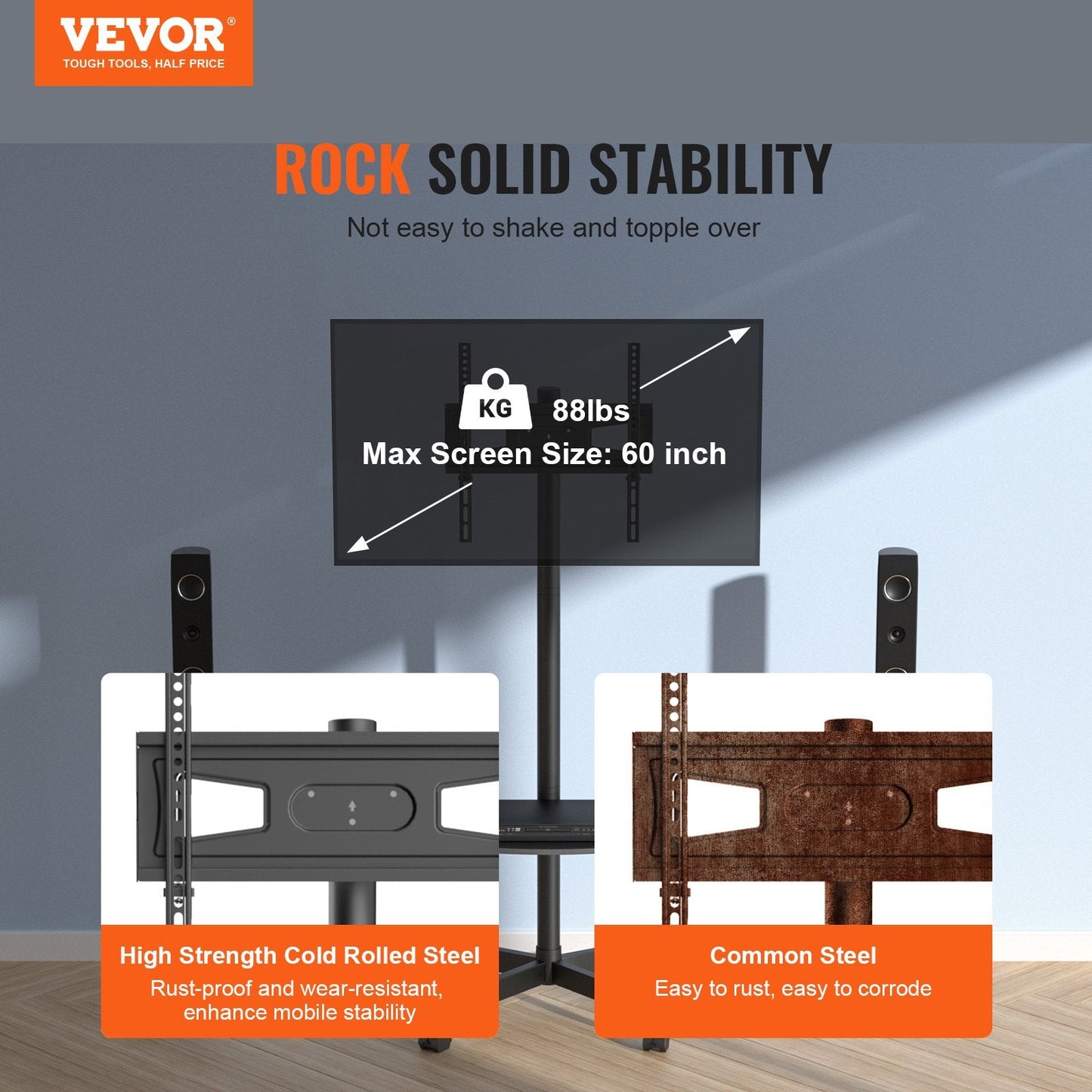 Adjustable Mobile TV Cart for 0.58-1.52m TVs, with Wheels and Device Tray
