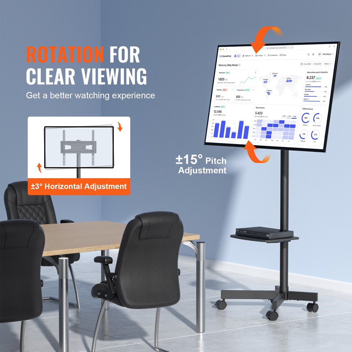 VEVOR Mobile TV Stand, Mobile TV Cart for 23 to 60 inch TVs, Height Adjustable Portable