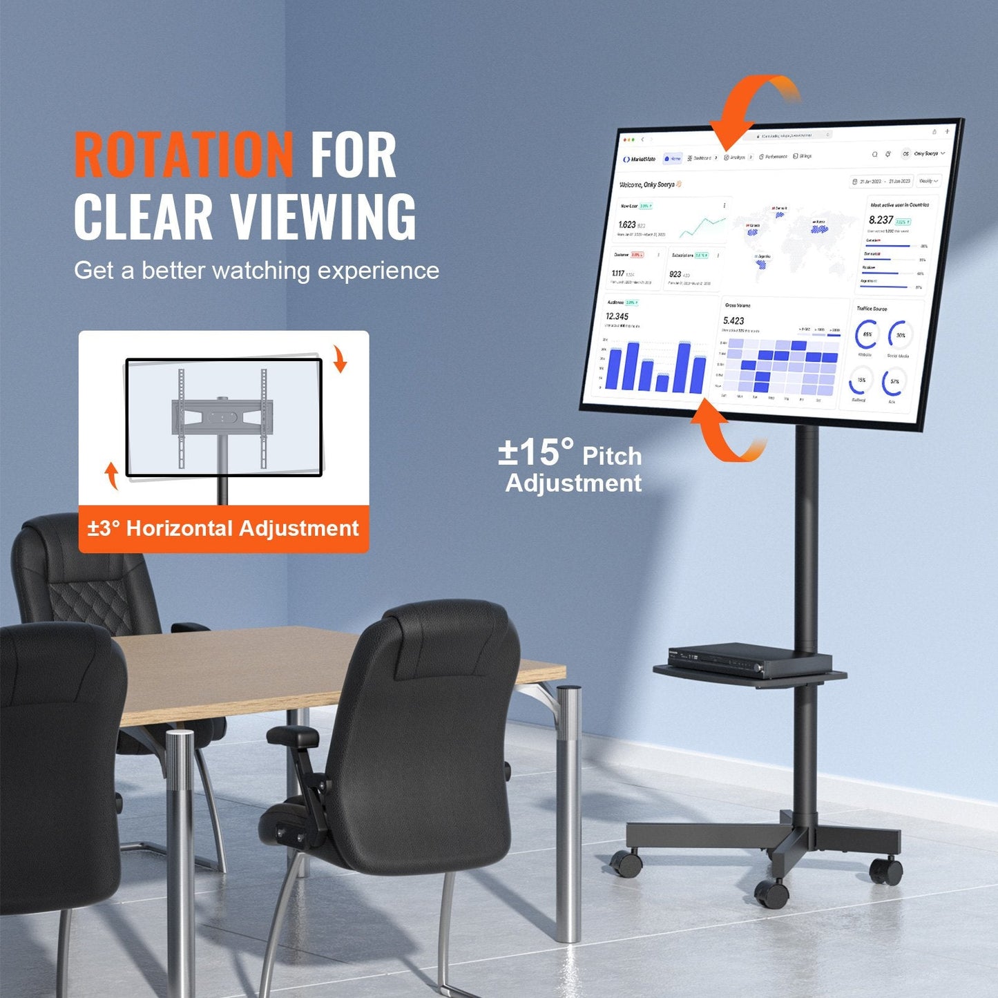 Adjustable Mobile TV Cart for 0.58-1.52m TVs, with Wheels and Device Tray