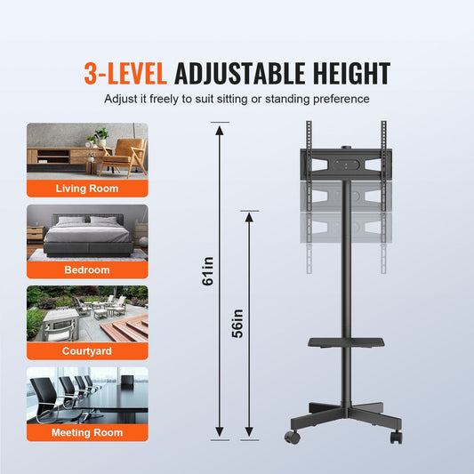 Adjustable Mobile TV Cart for 0.58-1.52m TVs, with Wheels and Device Tray