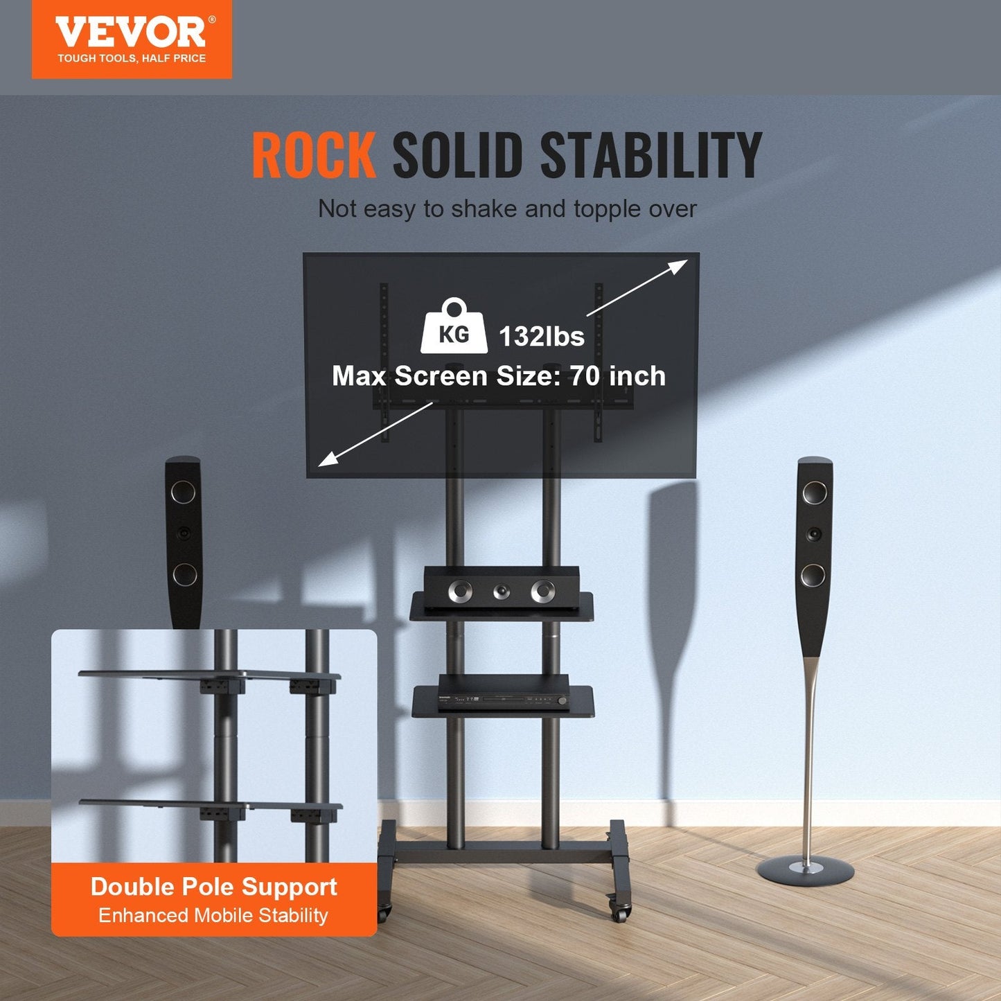 Height Adjustable Mobile TV Cart for 0.8-1.8m TVs, with Wheels & Double Tray