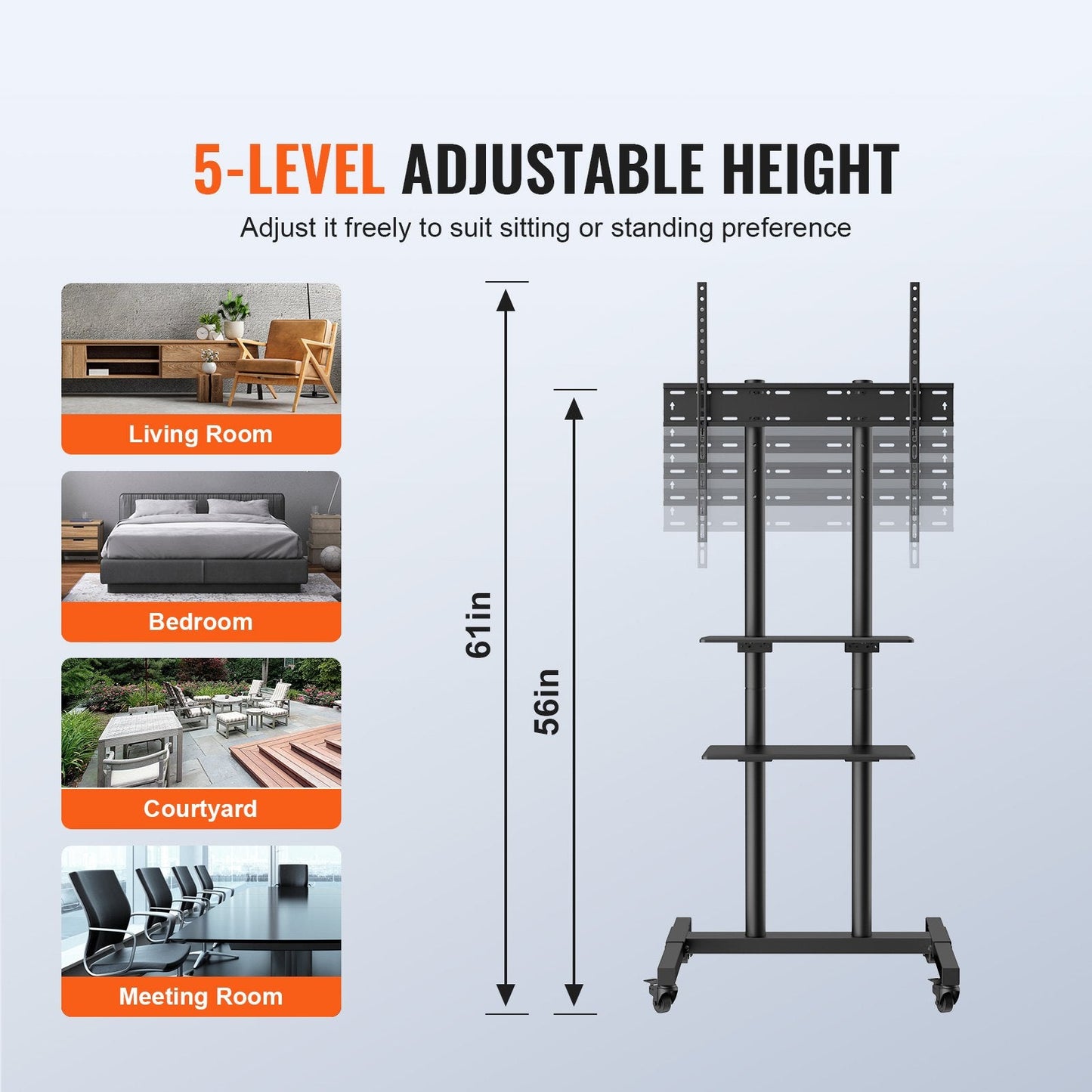Height Adjustable Mobile TV Cart for 0.8-1.8m TVs, with Wheels & Double Tray