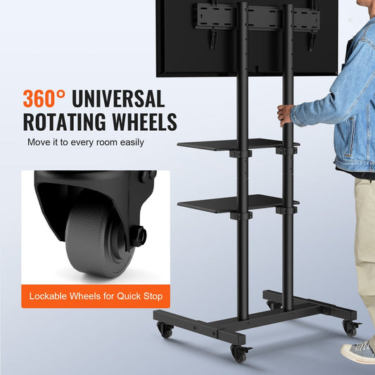 Height Adjustable Mobile TV Cart for 0.8-1.8m TVs, with Wheels & Double Tray