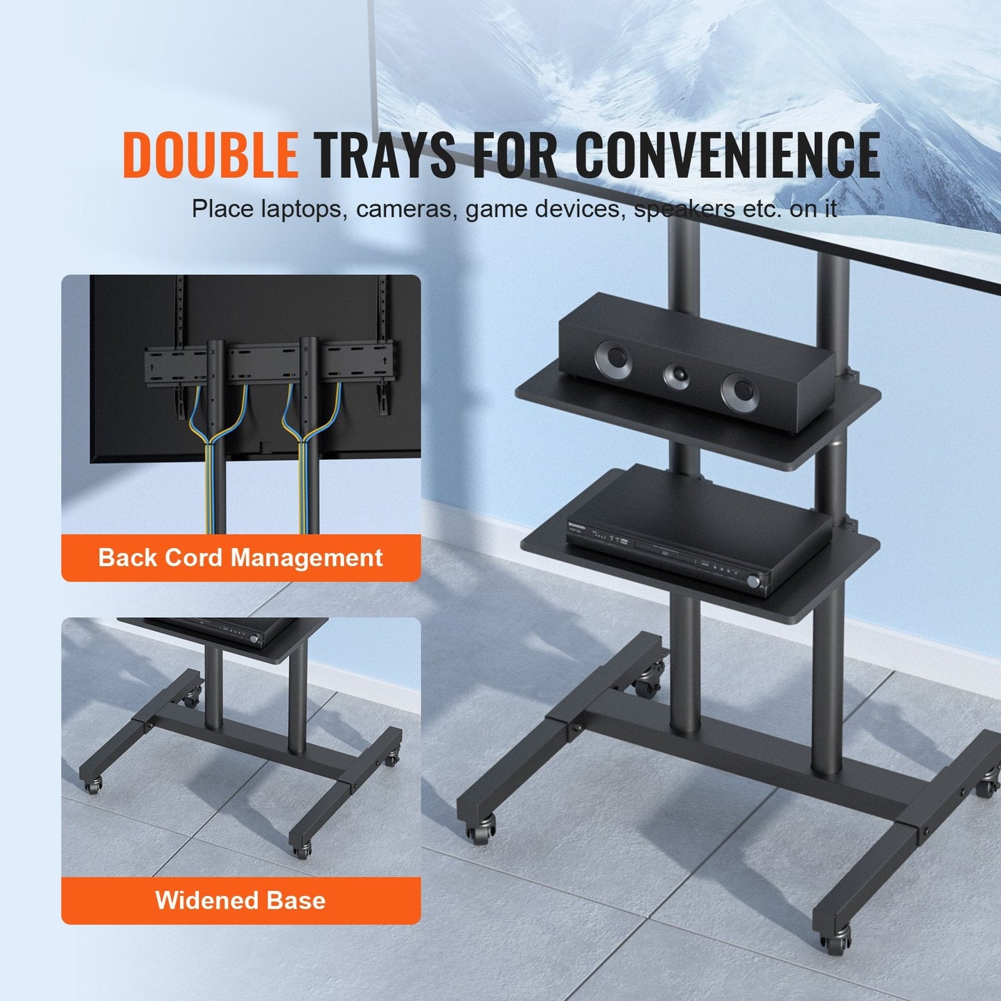 Height Adjustable Mobile TV Cart for 0.8-1.8m TVs, with Wheels & Double Tray