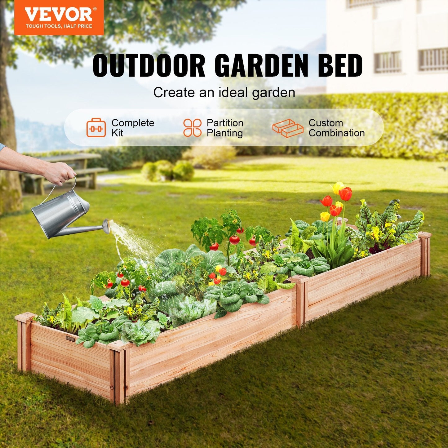 Wooden Raised Planter Box, 2.4m x 0.6m x 0.25m, Fir Wood, Burlywood