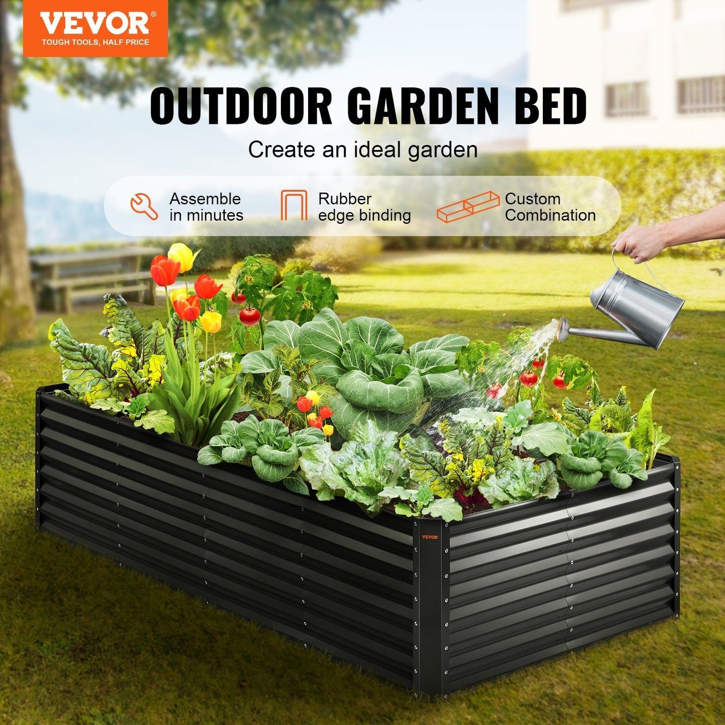 Galvanized Metal Garden Bed, 2.4 x 1.2 x 0.6 m Planter Box for Outdoor Planting
