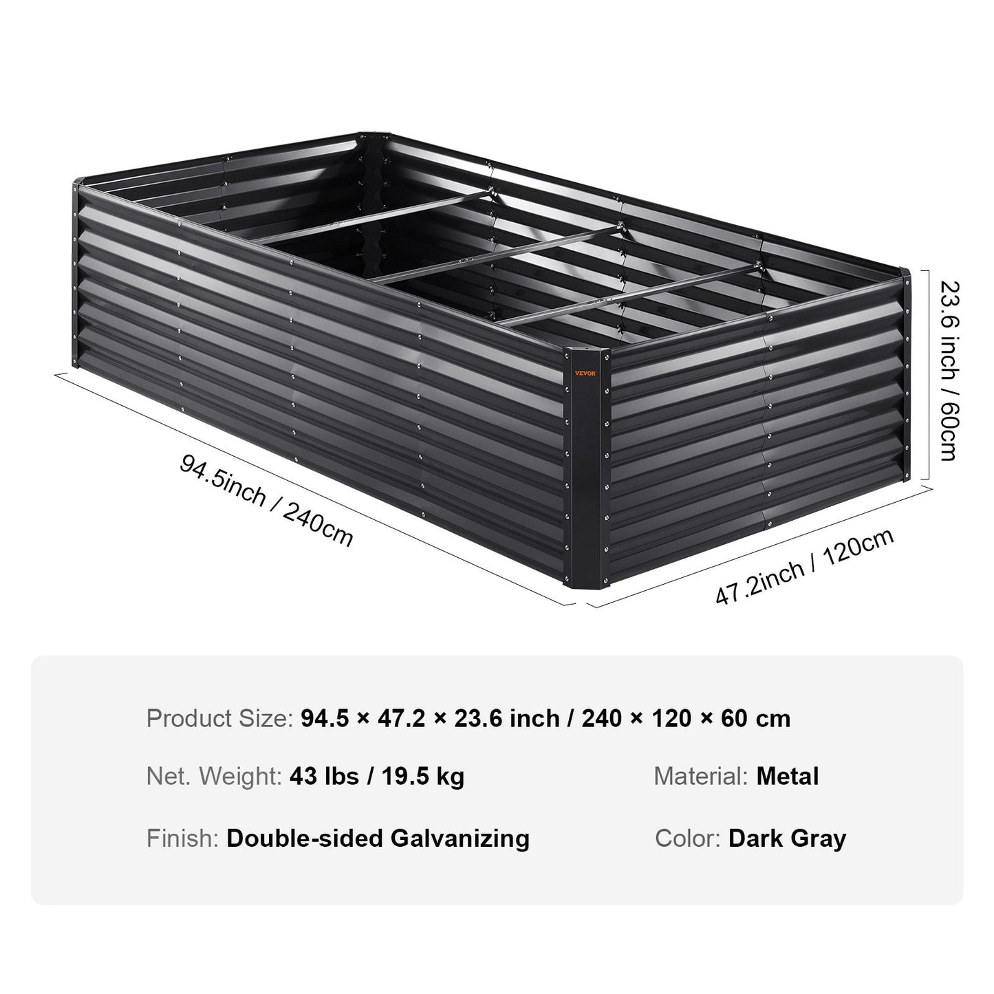 Galvanized Metal Garden Bed, 2.4 x 1.2 x 0.6 m Planter Box for Outdoor Planting