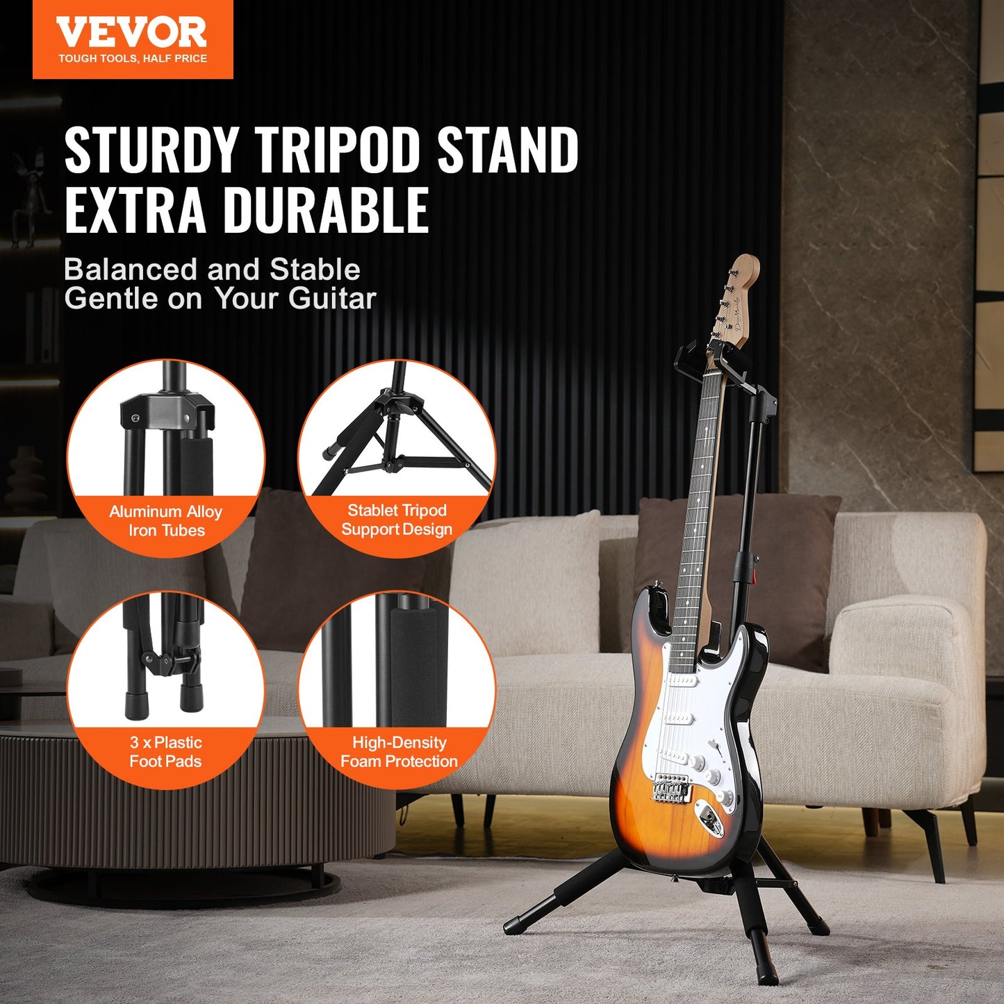 VEVOR Tripod Guitar Stand Floor-Standing Foldable 900-1200 mm Adjustable Height