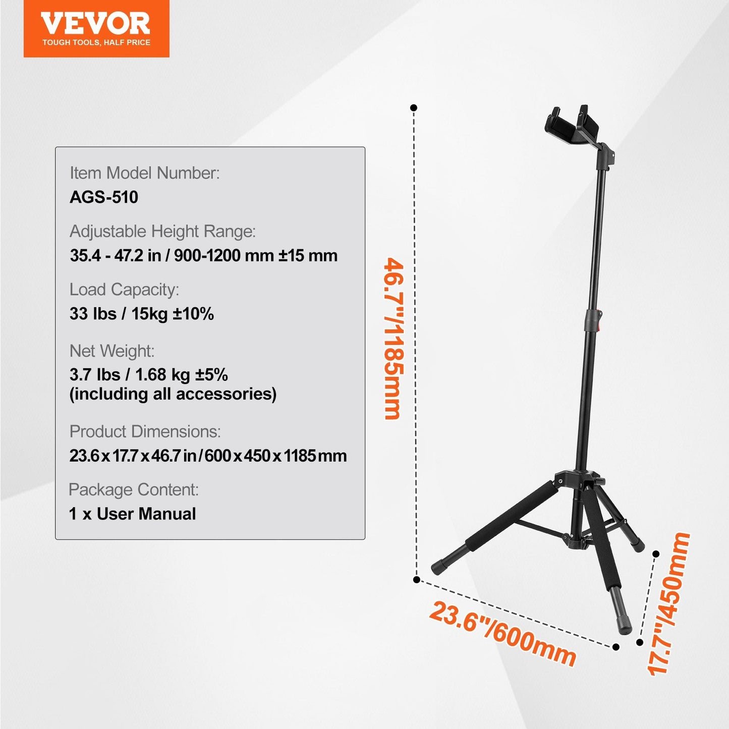 Adjustable Tripod Guitar Stand, Foldable, 0.9-1.2m Height, 15kg Capacity