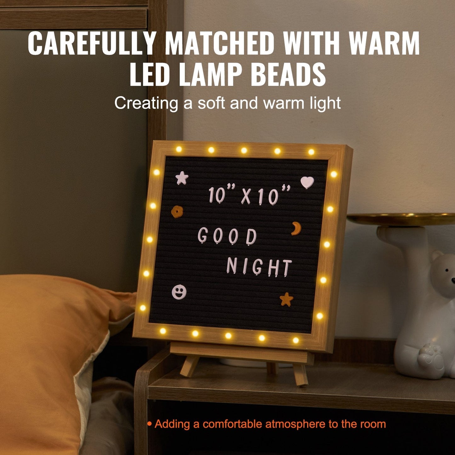 Black Felt Message Board with LED, 253x253 mm, Includes 510 Letters & Stand