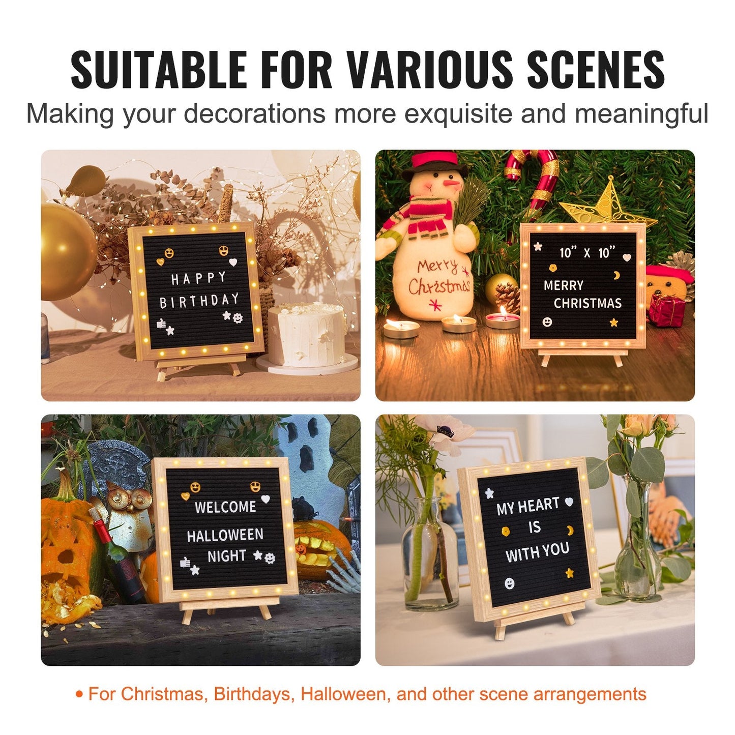 Black Felt Message Board with LED, 253x253 mm, Includes 510 Letters & Stand
