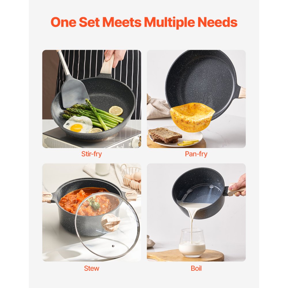 VEVOR 19 Piece Pots and Pans Set Granite Nonstick Kitchen Cookware Black