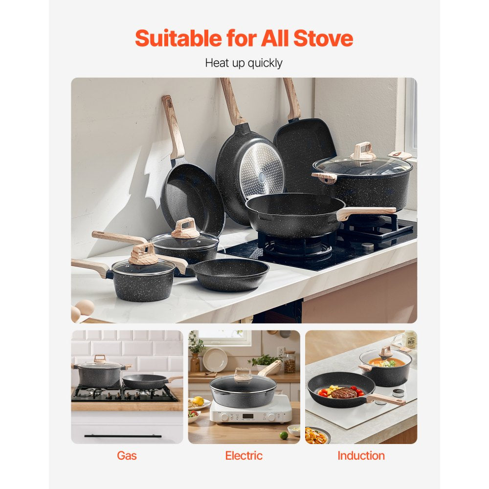 VEVOR 19 Piece Pots and Pans Set Granite Nonstick Kitchen Cookware Black