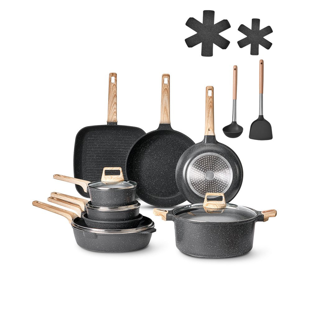 VEVOR 19 Piece Pots and Pans Set Granite Nonstick Kitchen Cookware Black