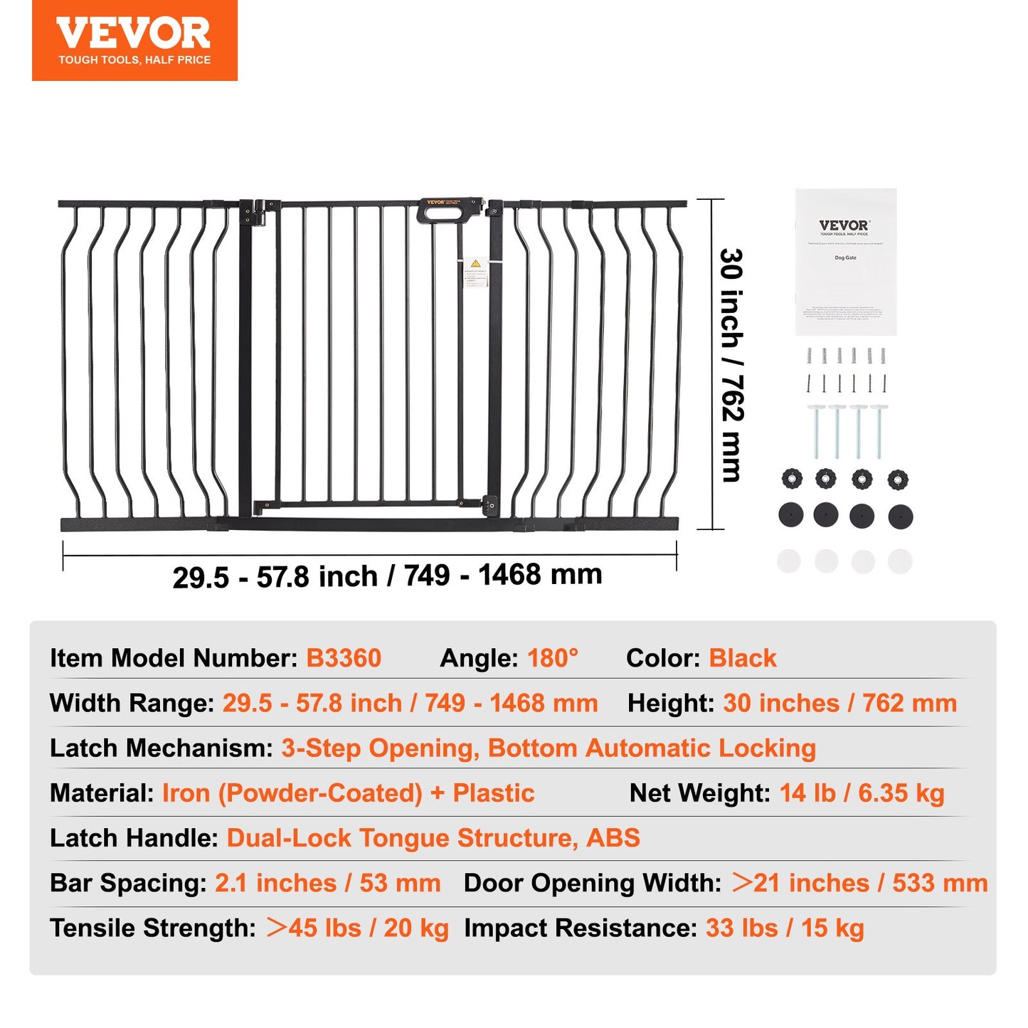 VEVOR Baby Gate, 749-1468 mm Extra Wide, 762 mm High, Dog Gate for Stairs Doorways