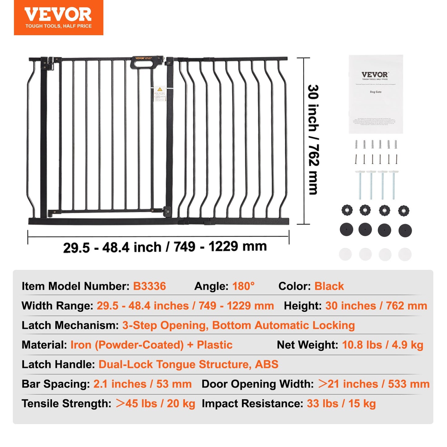 VEVOR Baby Gate, 749-1229 mm Extra Wide, 762 mm High, Dog Gate for Stairs Doorways