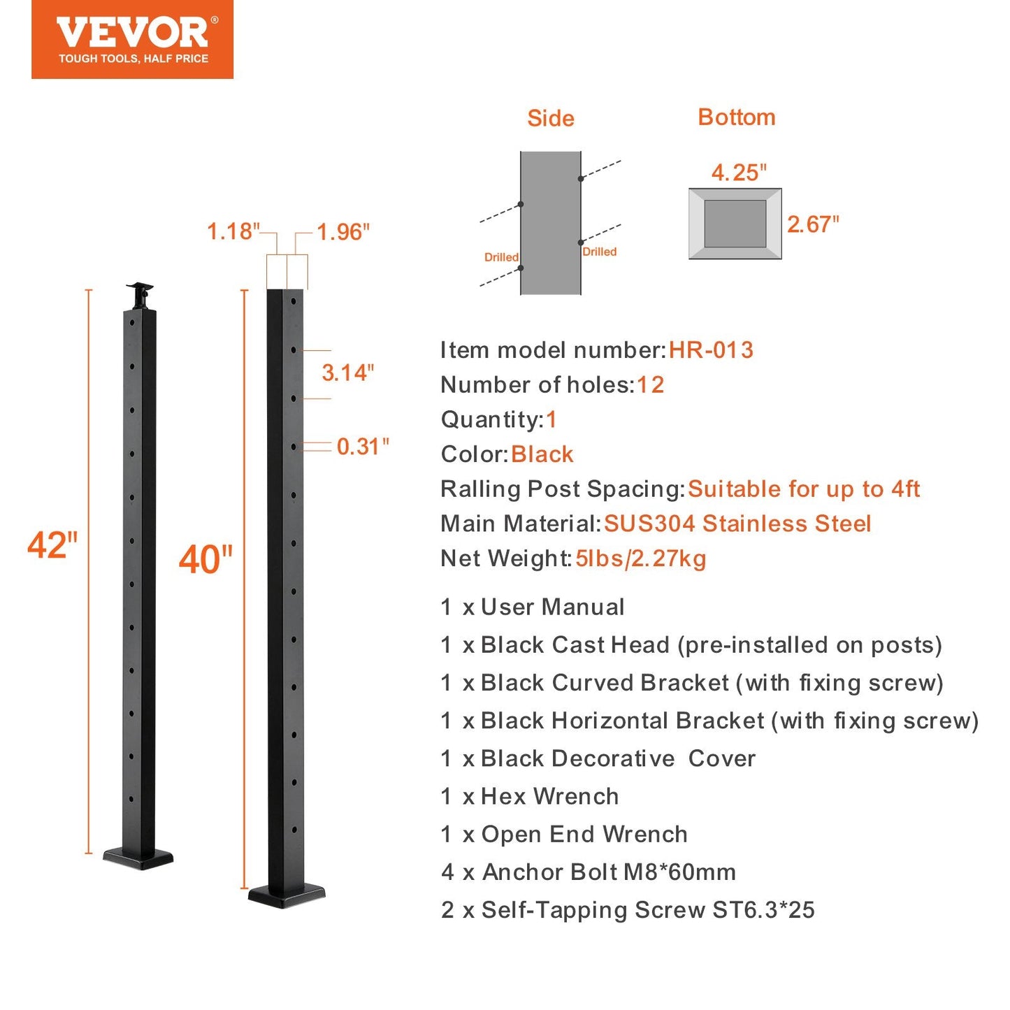 Stainless Steel Cable Railing Post for Decks & Stairs, Black, 106.7 x 2.5 x 5 cm