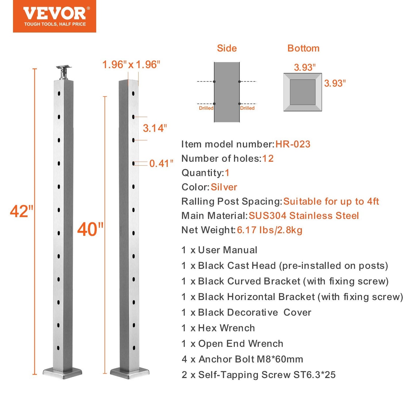 Stainless Steel Deck Stair Cable Railing Post with Multi-Angle Bracket, 106.7 cm
