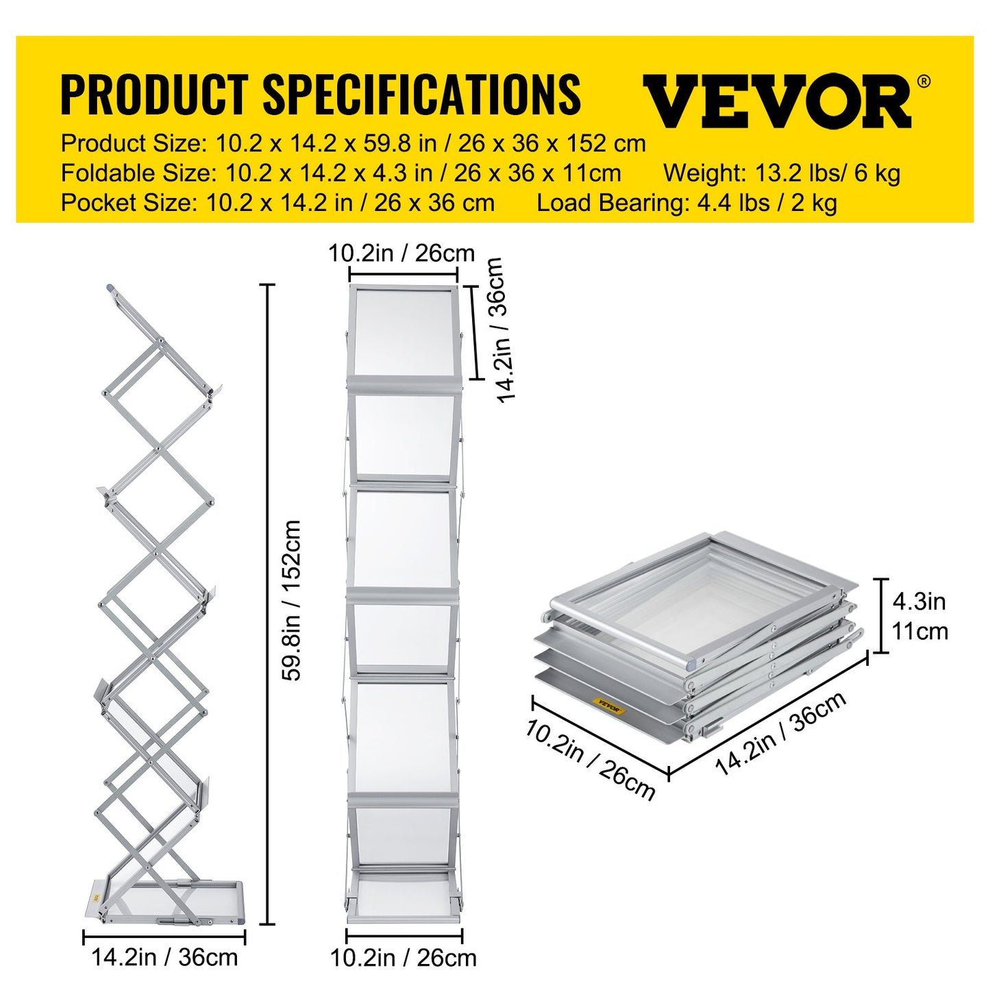 VEVOR Literature Rack, 6 Pockets, Pop up Aluminum Magazine Rack, Lightweight Catalog