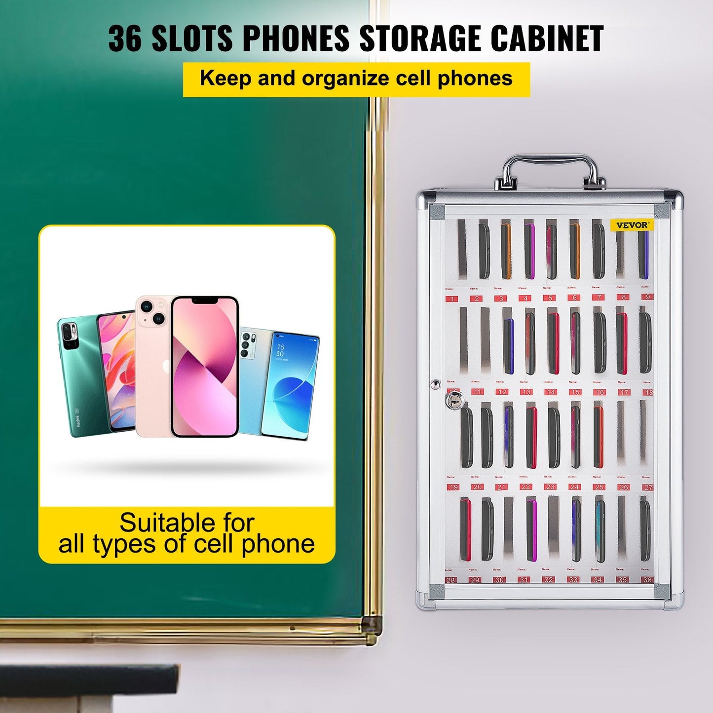 Wall-Mounted 36-Slot Cell Phone Storage Cabinet with Key Lock, Silver