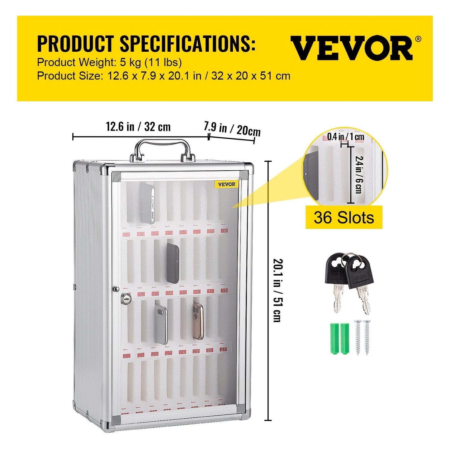 Wall-Mounted 36-Slot Cell Phone Storage Cabinet with Key Lock, Silver