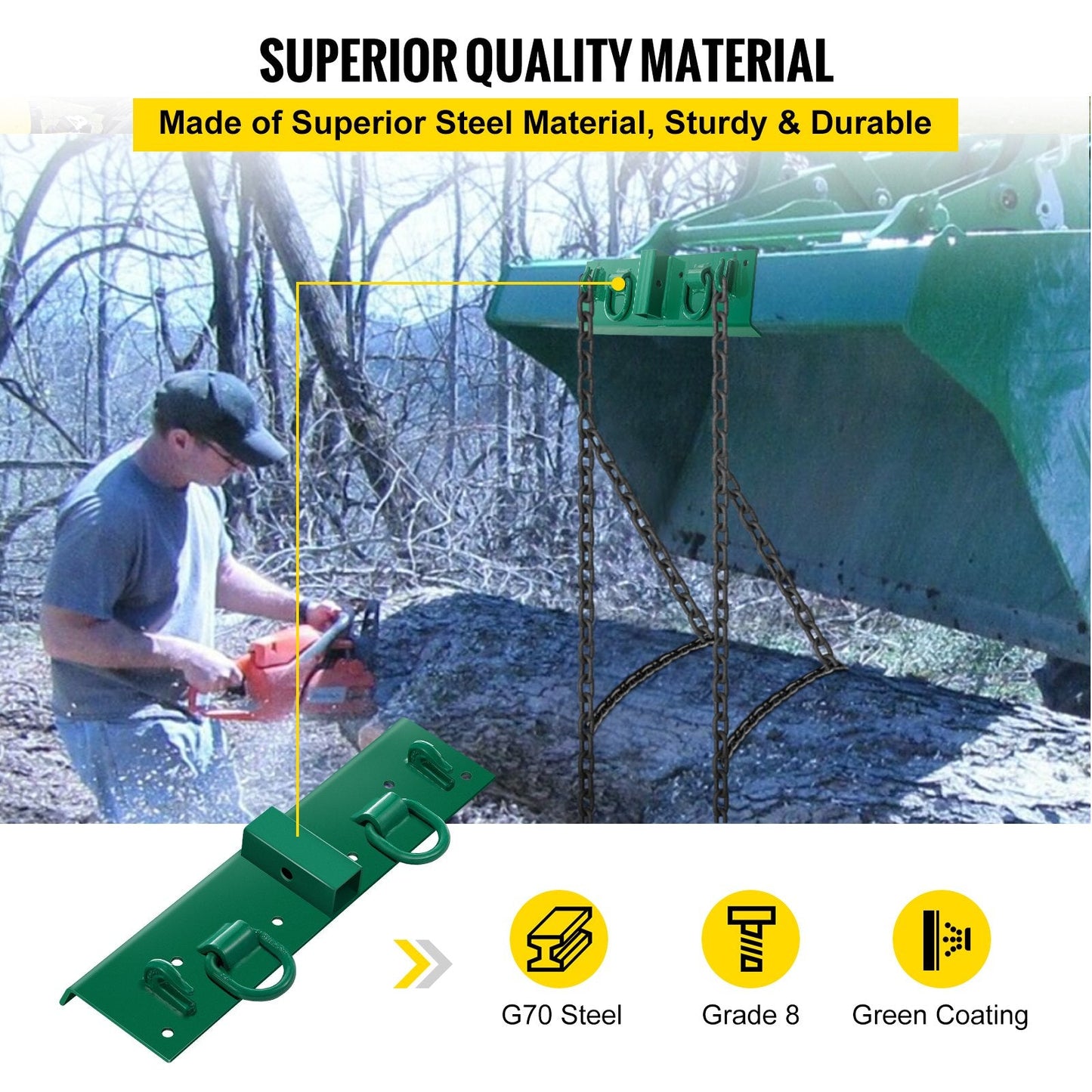 Compact Tractor Bucket Hooks, 2131.89 kg Capacity, G70 Forged with Shackles