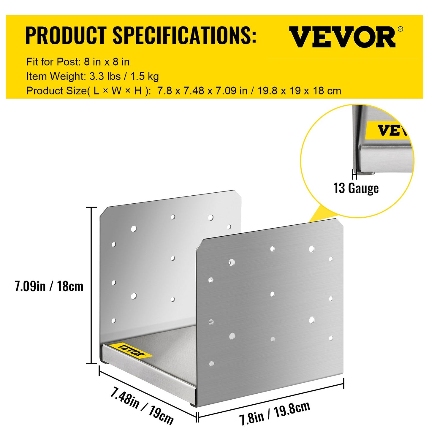 VEVOR Standoff Post Base 203x203mm Adjustable Post Base Post Mender Offers Moisture