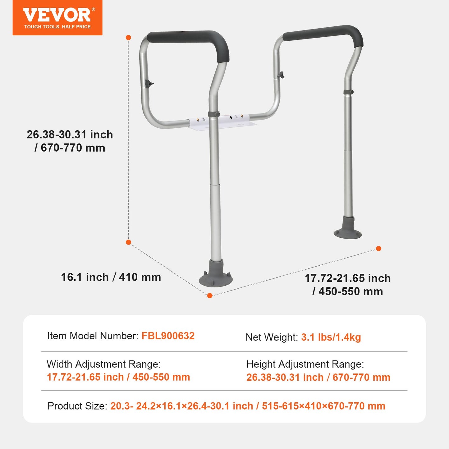 VEVOR Toilet Safety Rail, Bathroom Toilet Seat Frame, Adjustable Width & Height