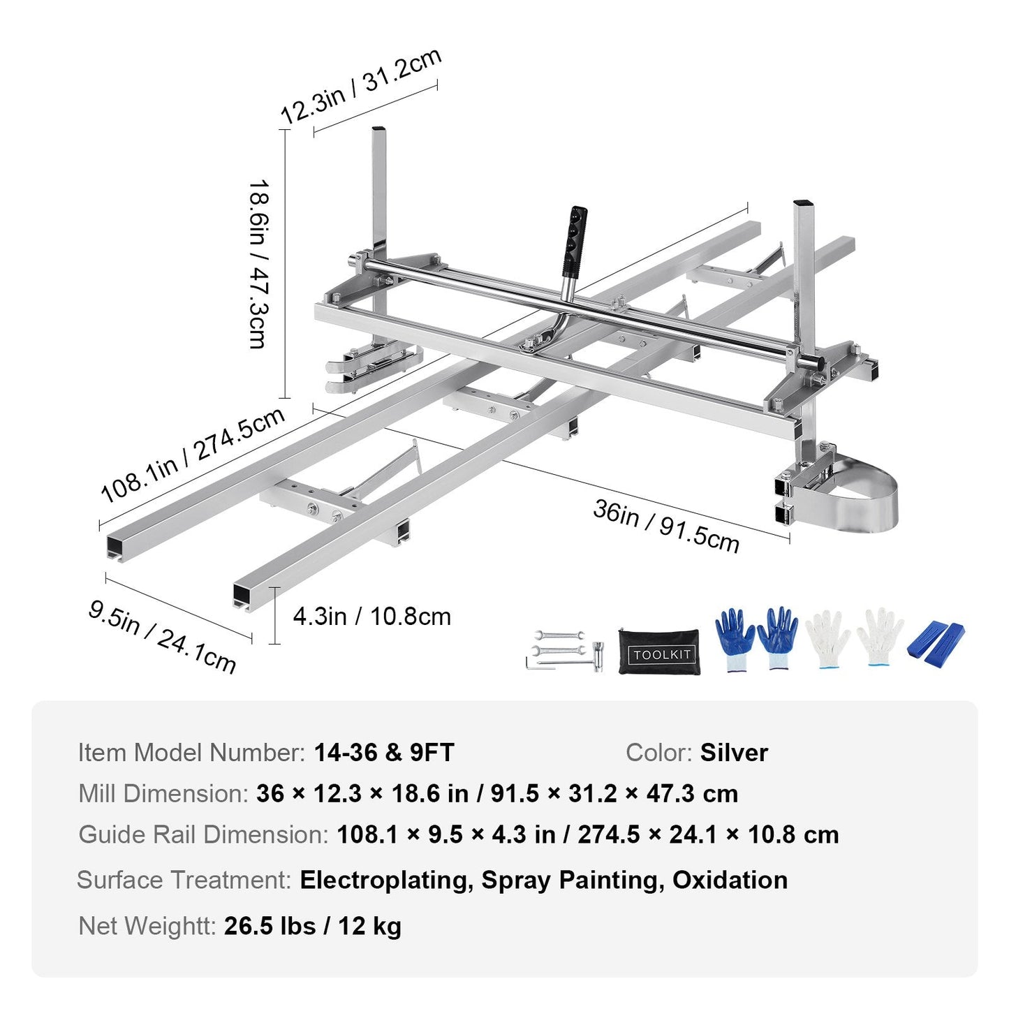 Adjustable Chainsaw Mill with 9m Rail System for 0.3m-0.9m Guide Bars