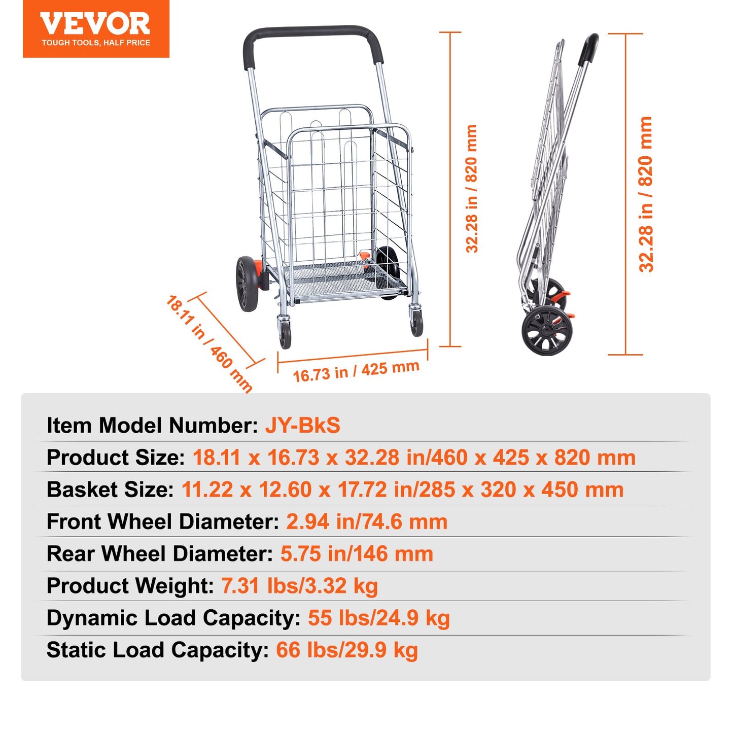 VEVOR Folding Shopping Cart, 66 lbs Max Load Capacity, Grocery Utility Cart with