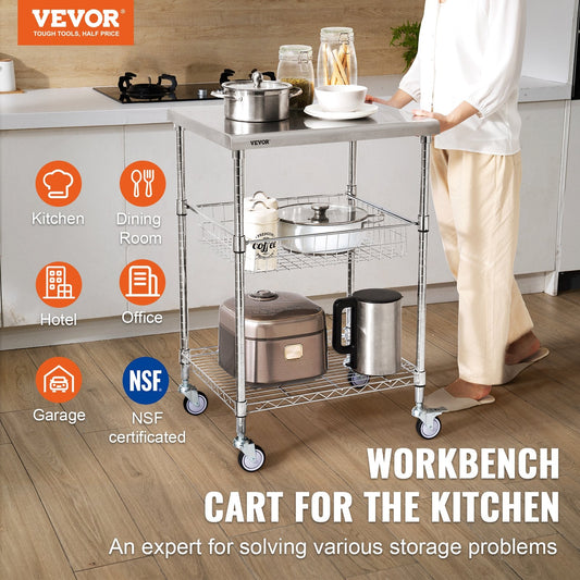 Industrial-strength steel service cart with rust-resistant stainless steel tabletop and frame