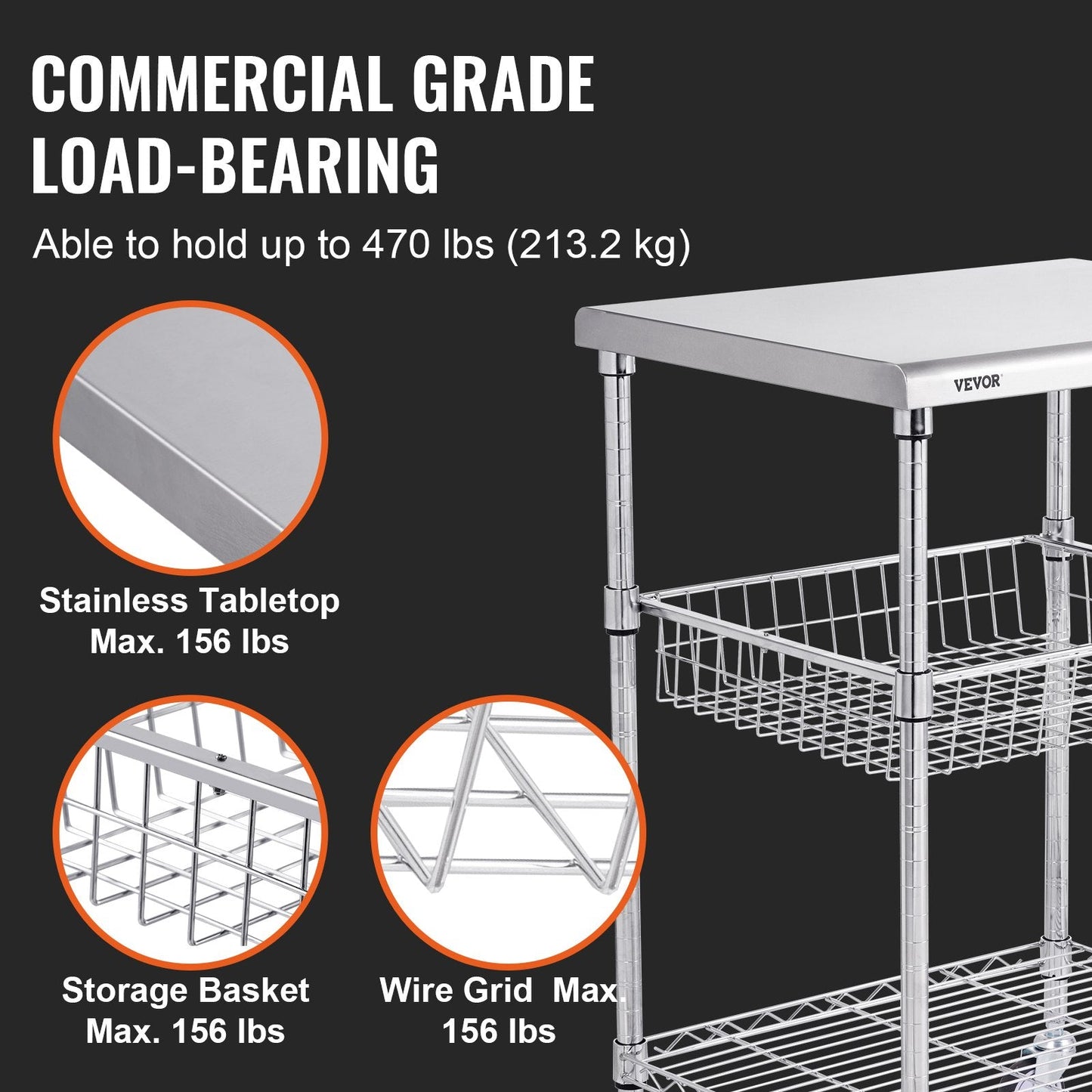 3-Tier Steel Rolling Utility Cart with Adjustable Shelves and 213kg Capacity