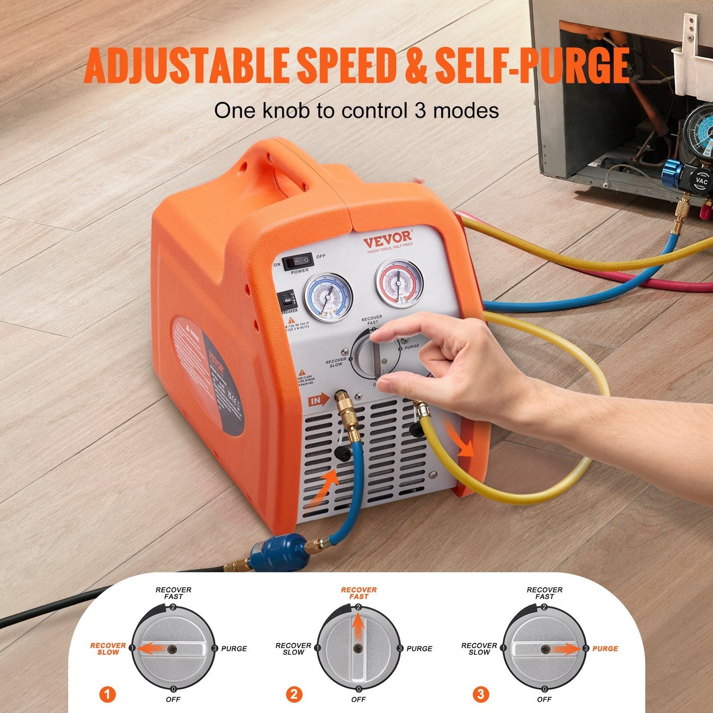 Portable 3/4 HP Refrigerant Recovery Unit with Precision Gauge and Self-Cleaning