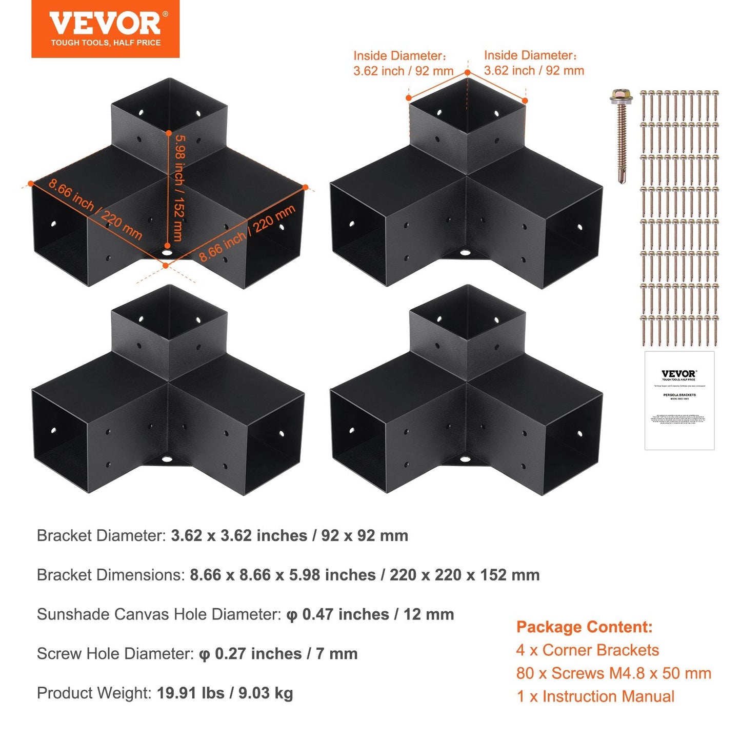 Heavy Duty 3-Way Pergola Bracket Kit, 101x101mm, Set of 4 for DIY Projects