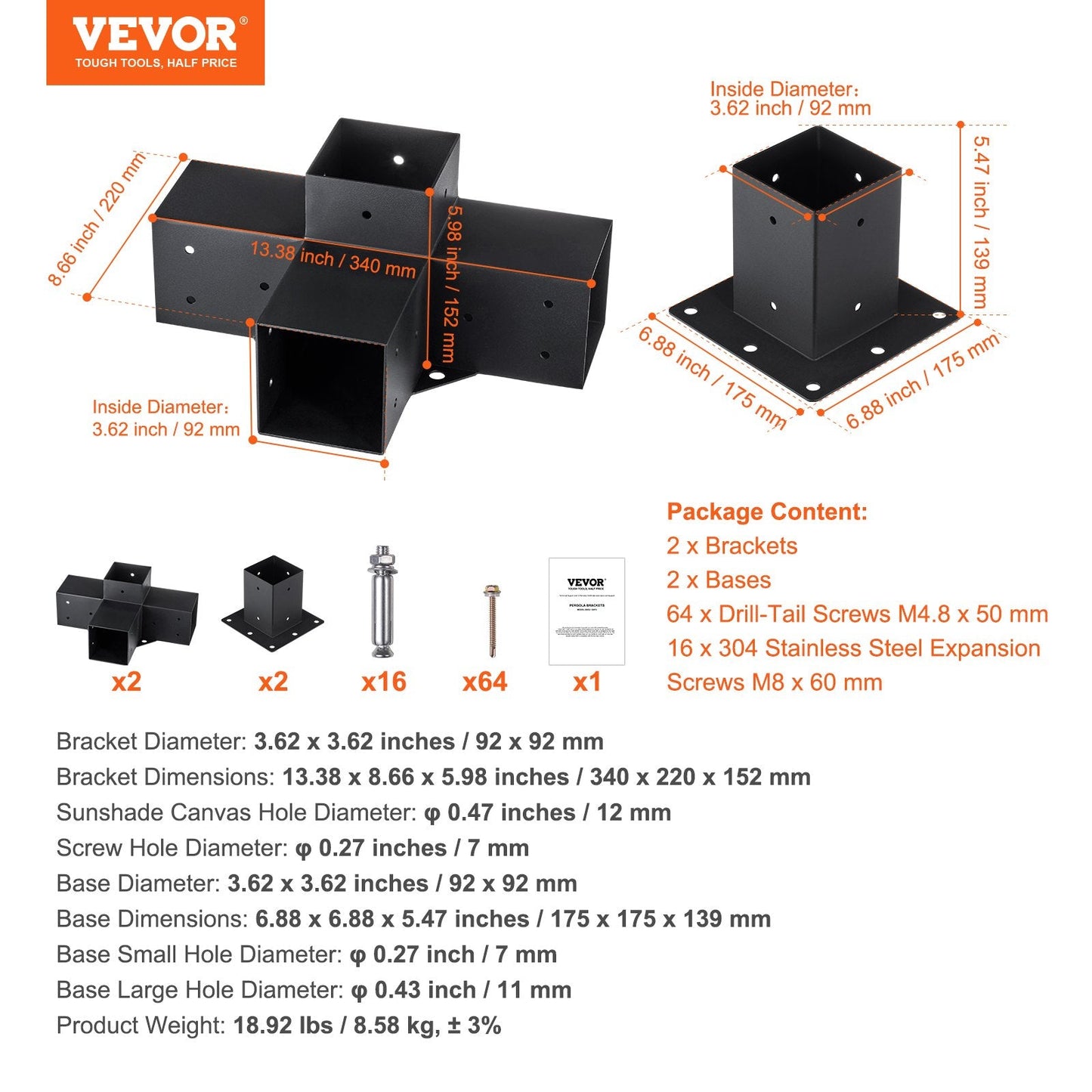 Heavy Duty Pergola Corner Bracket Kit for Gazebos & Patio Structures