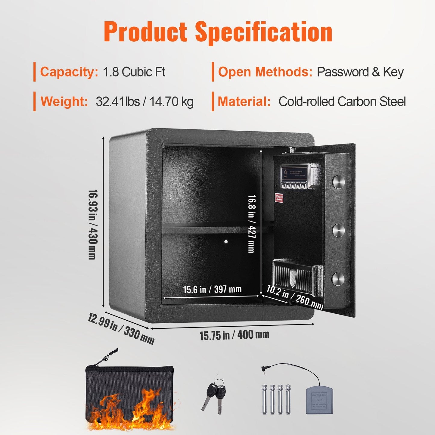 Steel Home Safe with Dual Lock System, 1.8 Cubic Feet, Anti-Prying Design