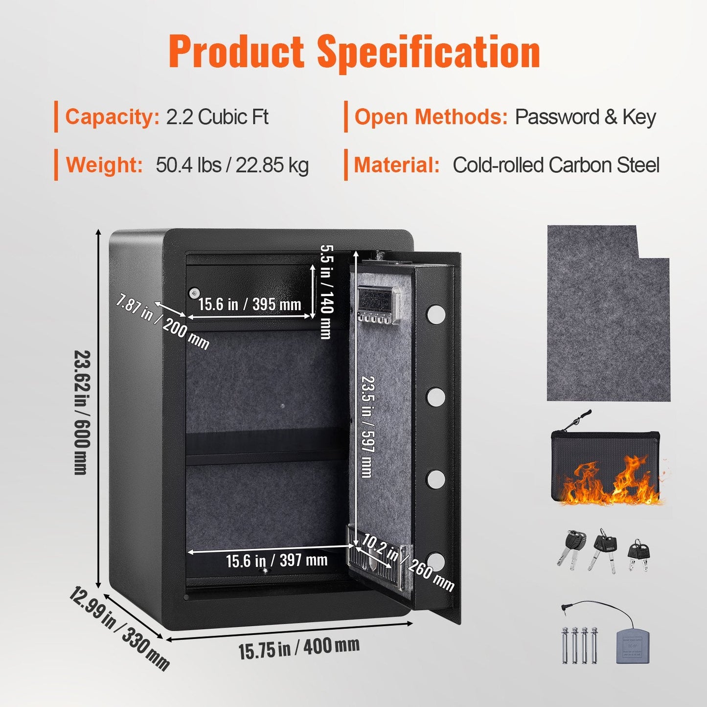 2.2 Cubic Meter Home Safe with Triple Lock & Anti-Prying Design, 22.85 kg Steel