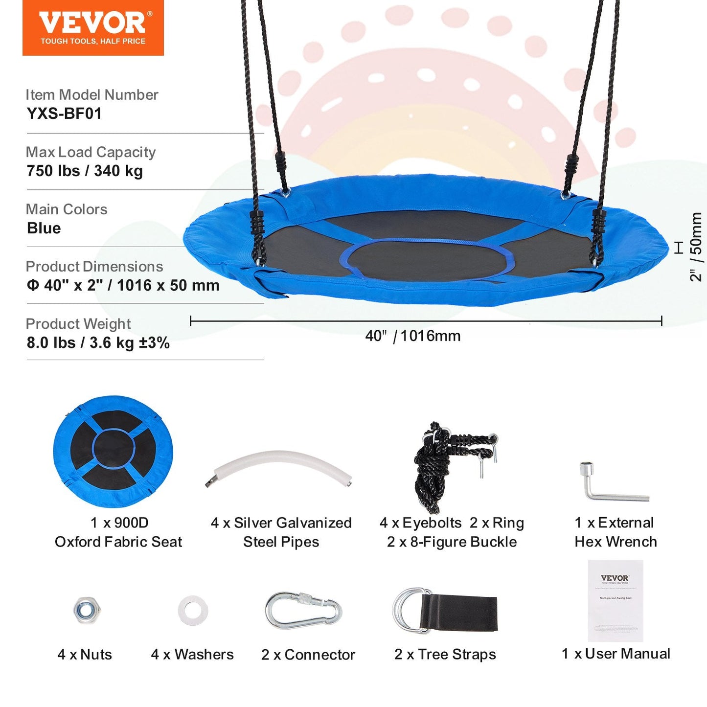 Blue 1-Meter Saucer Tree Swing, 340 kg Capacity, Durable 900D Oxford Fabric