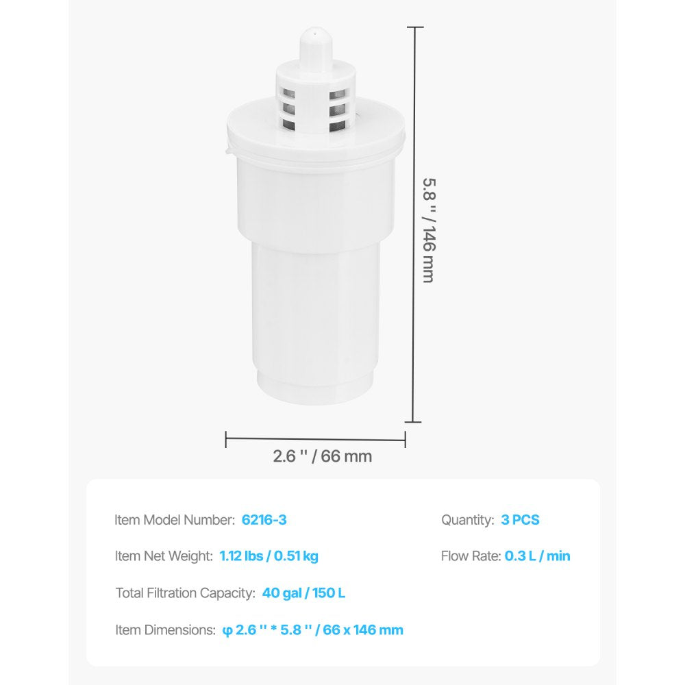 VEVOR Pitcher Water Filters 3-pack Replacements for Water Filter Pitcher 6216