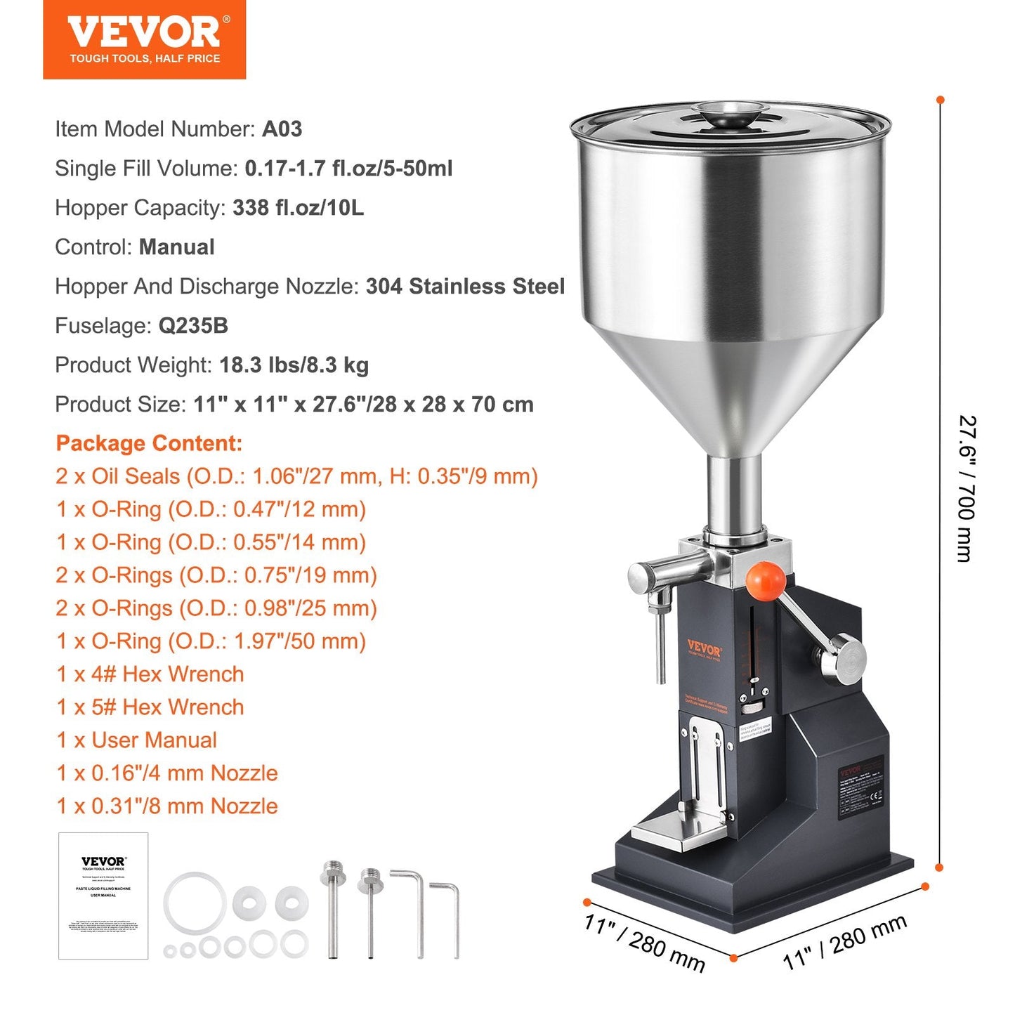 Manual Bottle Filler 5-50ml, Stainless Steel, Adjustable for Liquids & Pastes